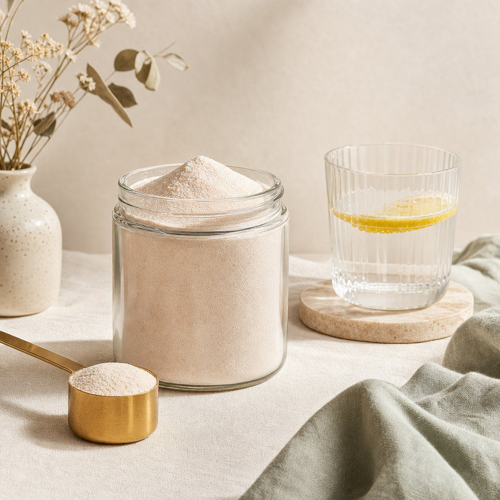 Collagen powder in glass jar with gold scoop and lemon water