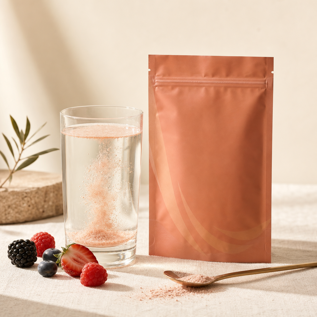 Electrolyte water with berries and beauty supplement pouch