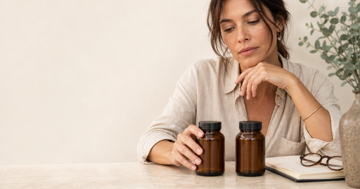 Woman comparing unbranded supplement bottles for the SRX collagen supplements guide