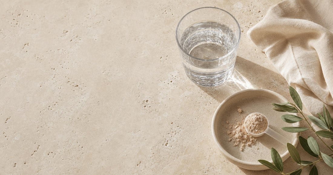 Still life of collagen powder, water and natural ingredients for the SRX collagen powder versus tablets guide