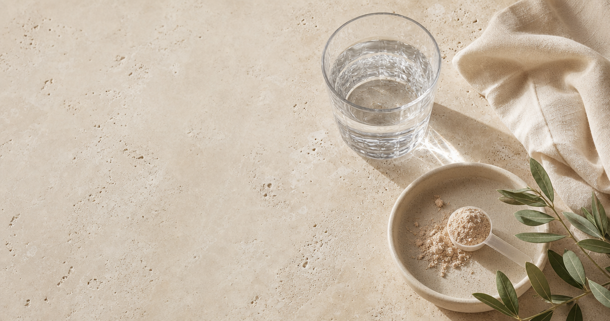 Still life of collagen powder, water and natural ingredients for the SRX collagen powder versus tablets guide