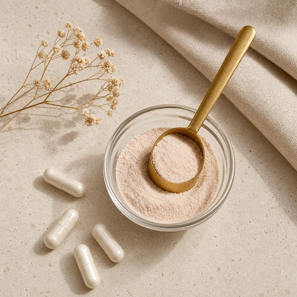 Collagen powder and capsules in editorial styling