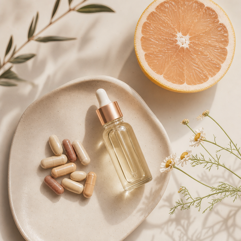 Skincare supplement capsules with serum dropper and citrus
