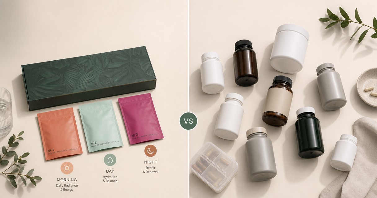 The SRX Beauty Protocol three-formula system compared side by side against a cluttered shelf of separate individual supplement bottles