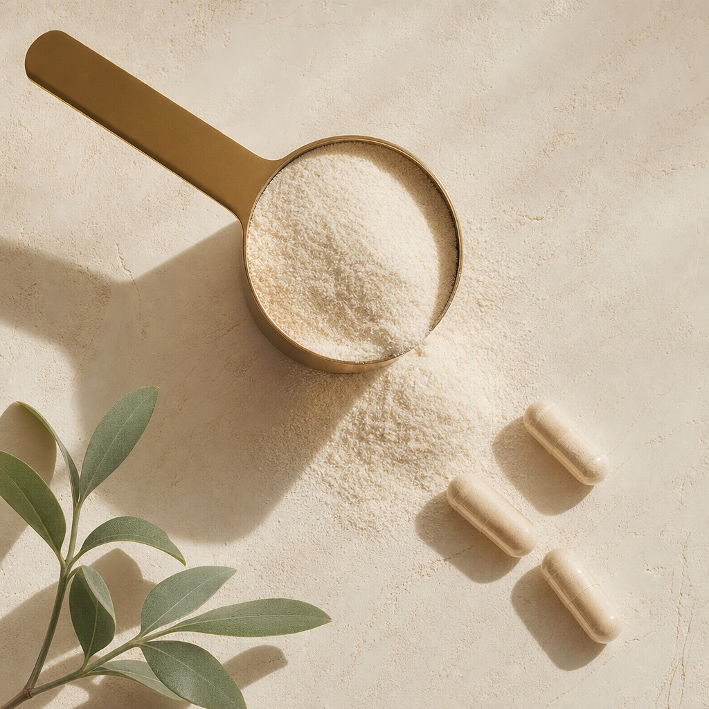 Gold scoop with fine collagen powder and capsules, editorial styling